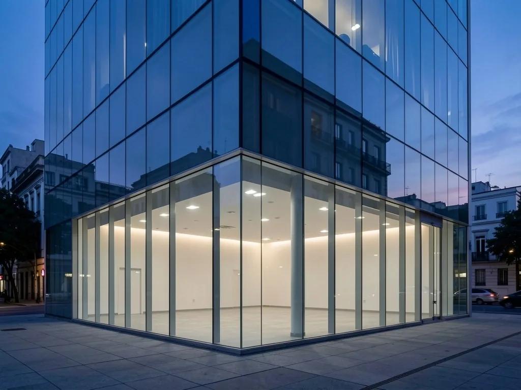 Edificio bancario vacío al atardecer