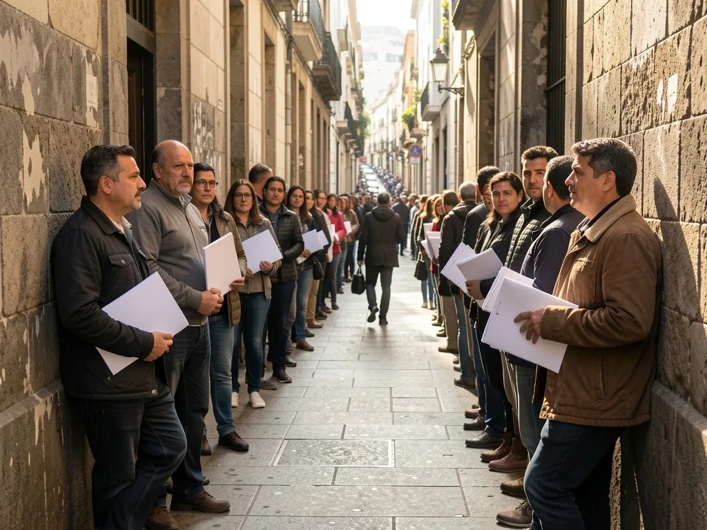 Larga fila de personas esperando frente a una sucursal bancaria