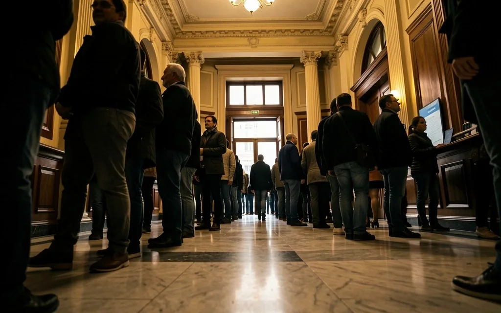 Fila de personas esperando en una sucursal bancaria tradicional en Buenos Aires
