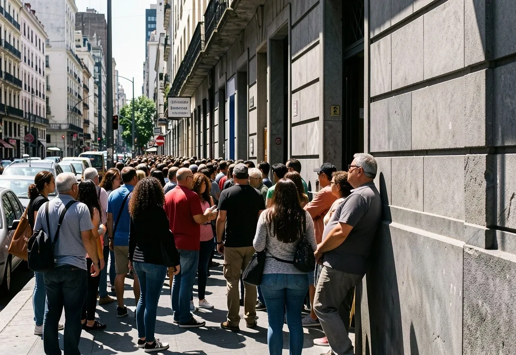 Multitud esperando para entrar a un banco en el centro de Buenos Aires