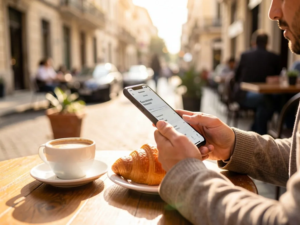Persona usando una aplicación de banca digital en un café de Buenos Aires