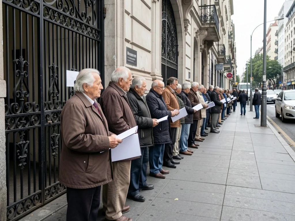 Personas mayores haciendo fila afuera de un banco cerrado en un barrio de Buenos Aires