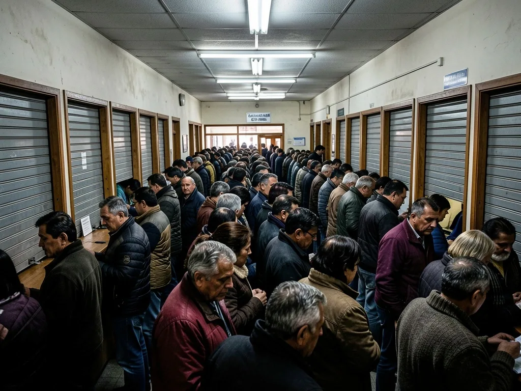 Fila extensa en una sucursal bancaria tradicional argentina