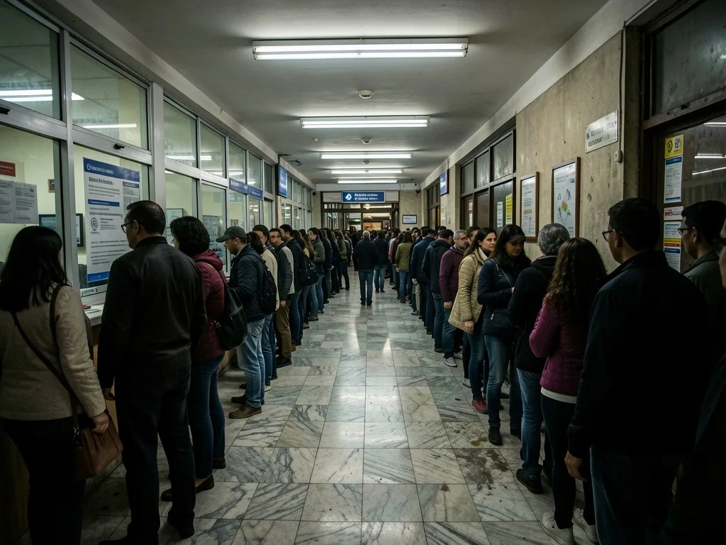 Personas haciendo fila en una sucursal bancaria tradicional