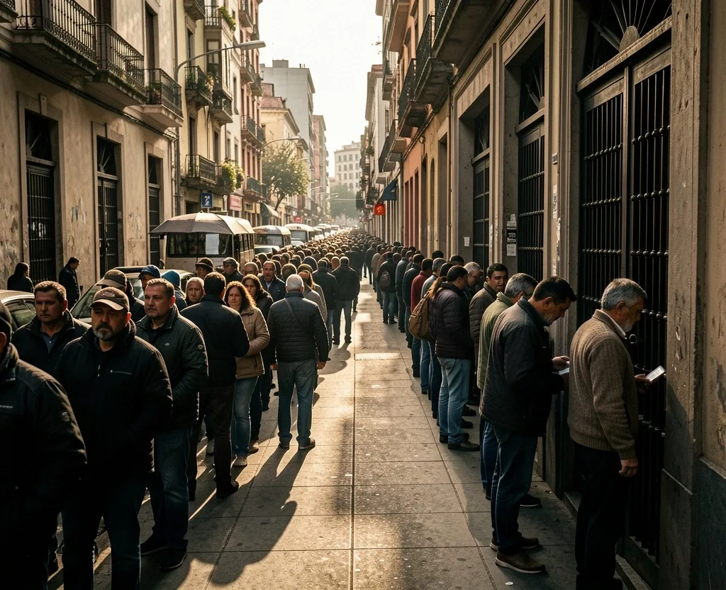 Fila de personas esperando frente a un banco tradicional en Argentina