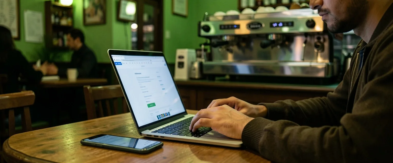 Persona usando una red WiFi pública en una cafetería