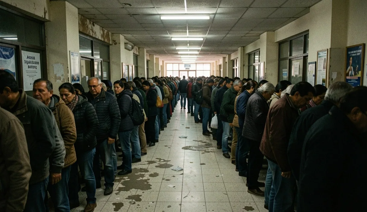 Personas haciendo fila en banco tradicional