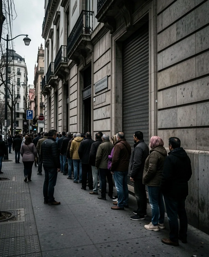 Personas haciendo fila frente a una sucursal bancaria tradicional