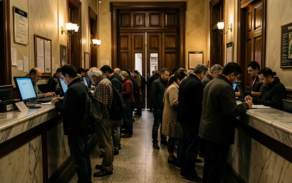 Fila de personas esperando en una sucursal bancaria tradicional