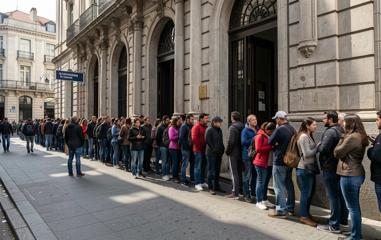 Larga fila de personas esperando frente a una sucursal bancada tradicional en Buenos Aires