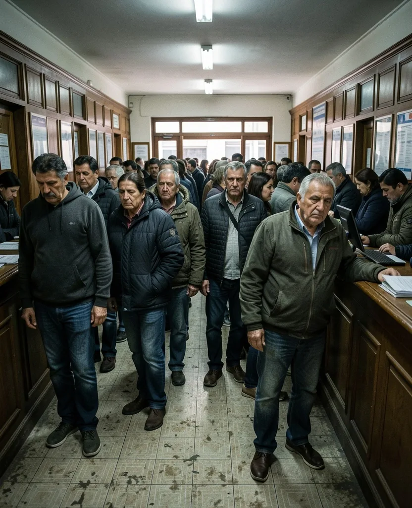 Personas haciendo fila en una sucursal bancaria tradicional