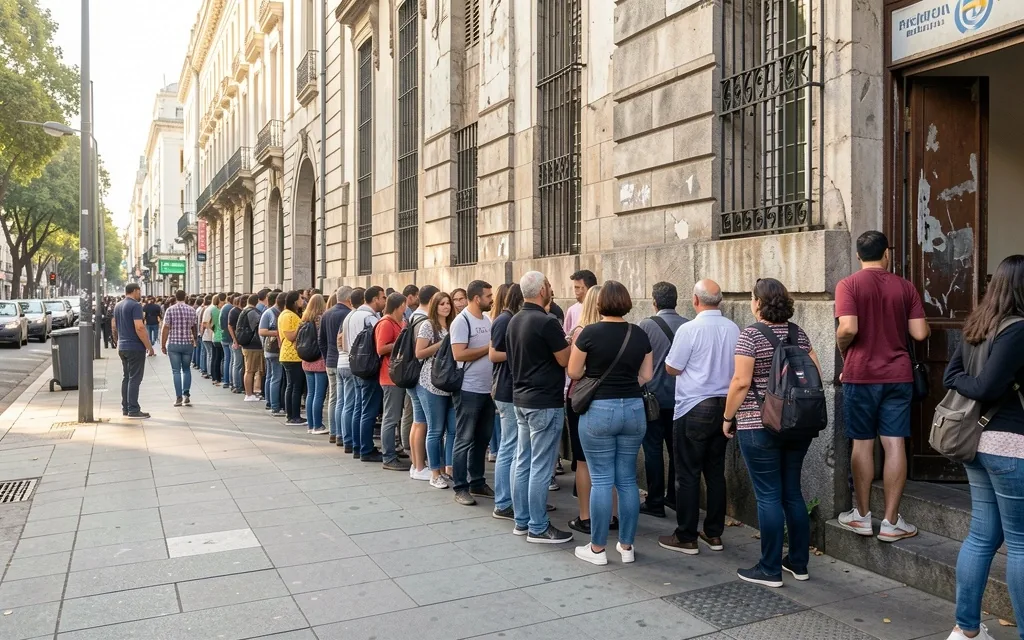 Personas haciendo fila frente a un banco tradicional en Buenos Aires