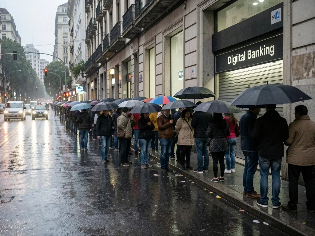 Personas esperando bajo lluvia frente a un banco cerrado